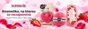 Scenario cosmetics ad with pink bath bombs, a strawberry-scented bottle, a gift box with a heart, and strawberry-themed packaging.